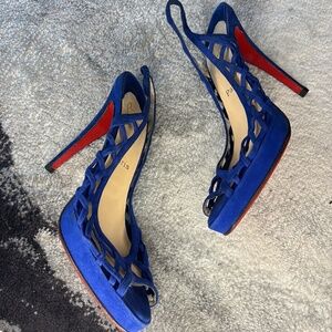 Christian Loubotin Cobalt Blue Caged Slingback Suede Heels  Size 41